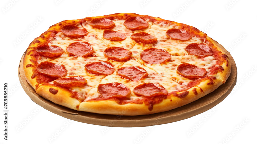  Captivating angle showcasing the scrumptious details of a Pepperoni Pizza, with a focus on the enticing combination of cheese, crust, and pepperoni on a white backdrop. 