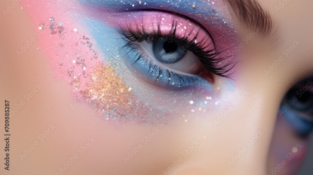A close up of a woman's eye with glitter on it