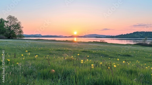 A grassy field with yellow flowers in front of a lake