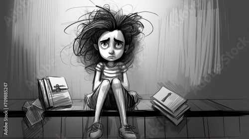 A drawing of a girl sitting on a bench with books