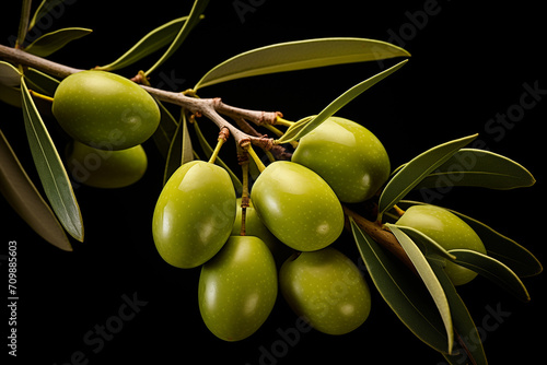 branch of green olives on a black background