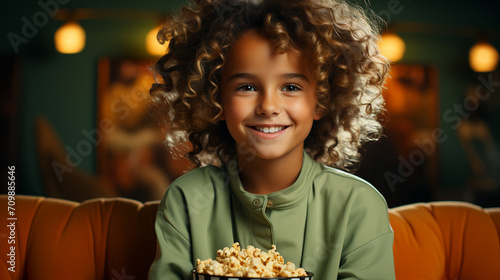  Happy child watching a movie on the sofa at home and eating popcorn. Latino kid smiling while watching television or streaming at home.