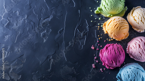 colorful ice cream scoops on dark marble background photo