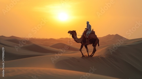 Camel and Rider. Indian camel rider pauses in the setting sun in Jaisalmer, Rajasthan © sirisakboakaew