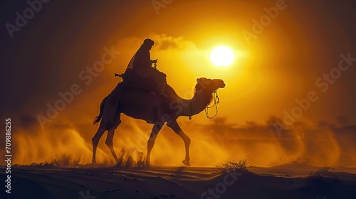 Camel and Rider. Indian camel rider pauses in the setting sun in Jaisalmer  Rajasthan