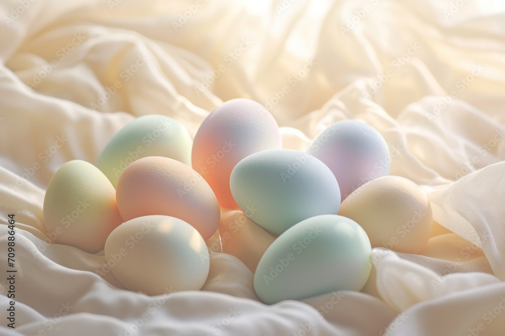 Pastel easter eggs in a white  piece of cloth, beautiful sunlight  - obrazy, fototapety, plakaty 