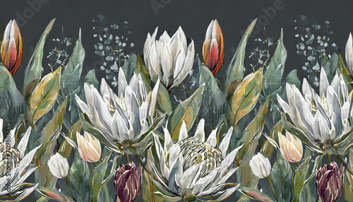 Dark exotic pattern. Wallpaper with protea and white flowers lilies and tulips. Floral dark border. Hand drawn realistic drawing. Panoramic horizontal illustration. Garden vintage background