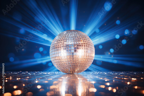 Beautiful disco ball against a background of blue rays and golden bokeh. Generated by artificial intelligence