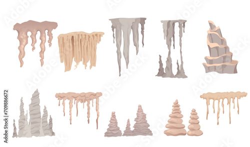 Set of cave stone mineral stalactite and stalagmites column natural growth geology formations vector illustration isolated on white background