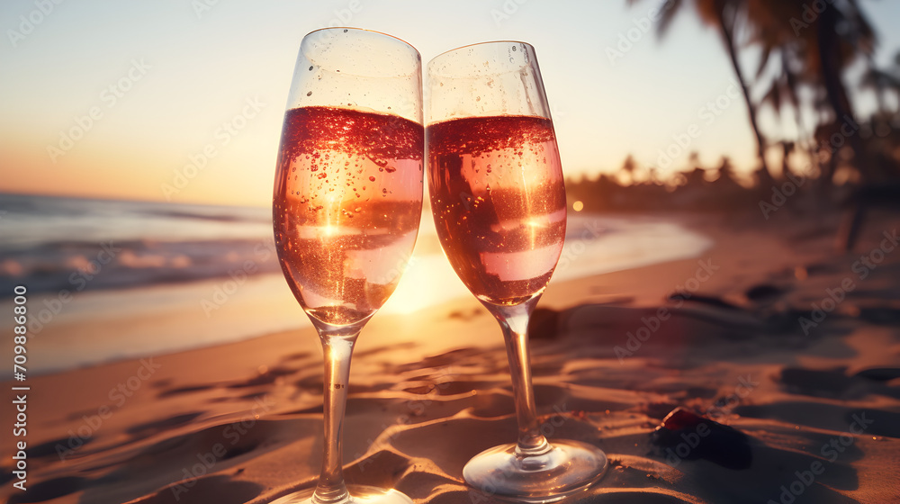 Product photograph of two glasses of champagne in the sand on a tropical beach. Sunlight. Palm trees. Crashing waves . Drinks. Valentines. Love Product photograph of two glasses of champagne in the sand on a tropical beach. Sunlight. Palm trees. Crashing waves . Drinks. Valentines. Love