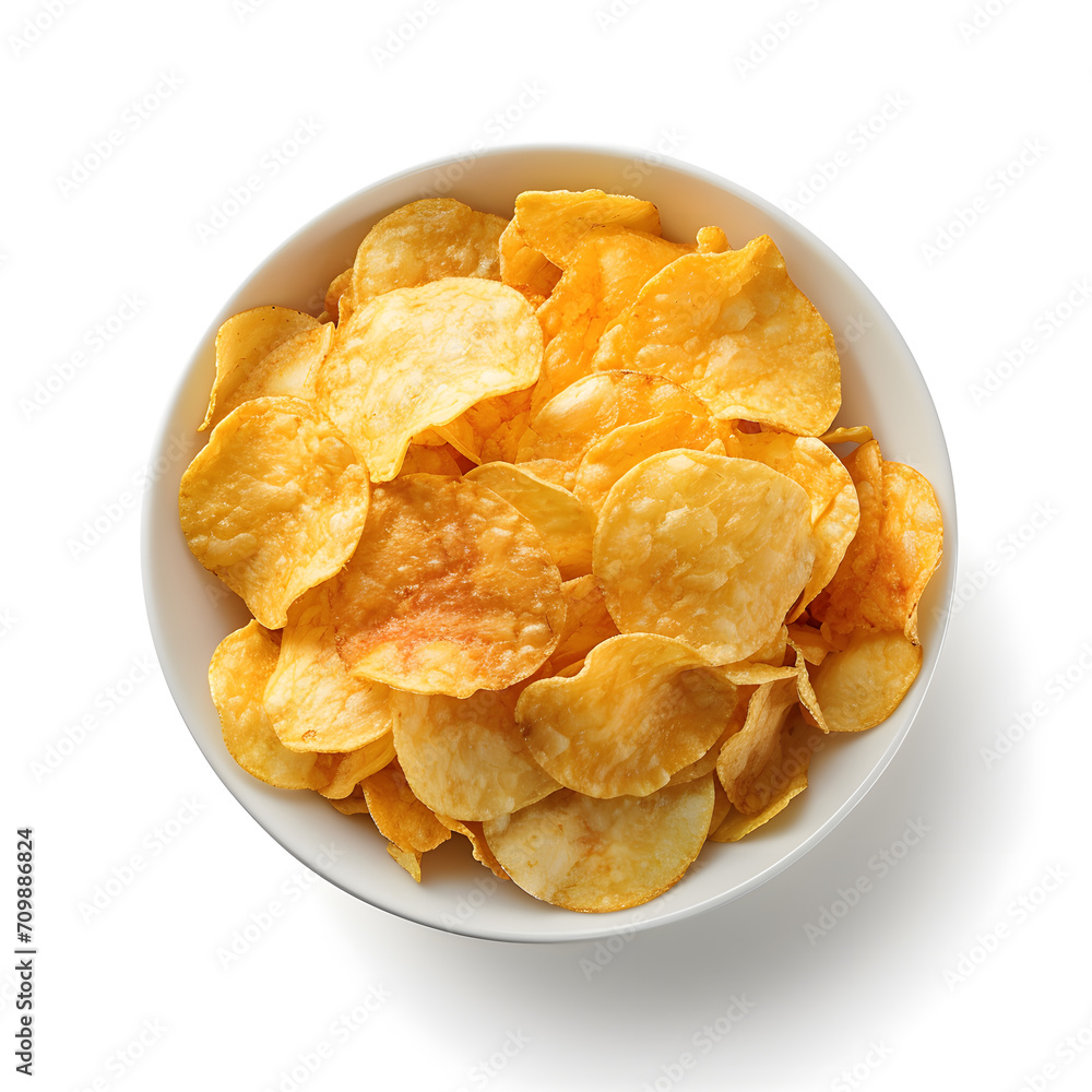 Potato chips on white bowl, top view, isolated on white background Potato chips on white bowl, top view, isolated on white background