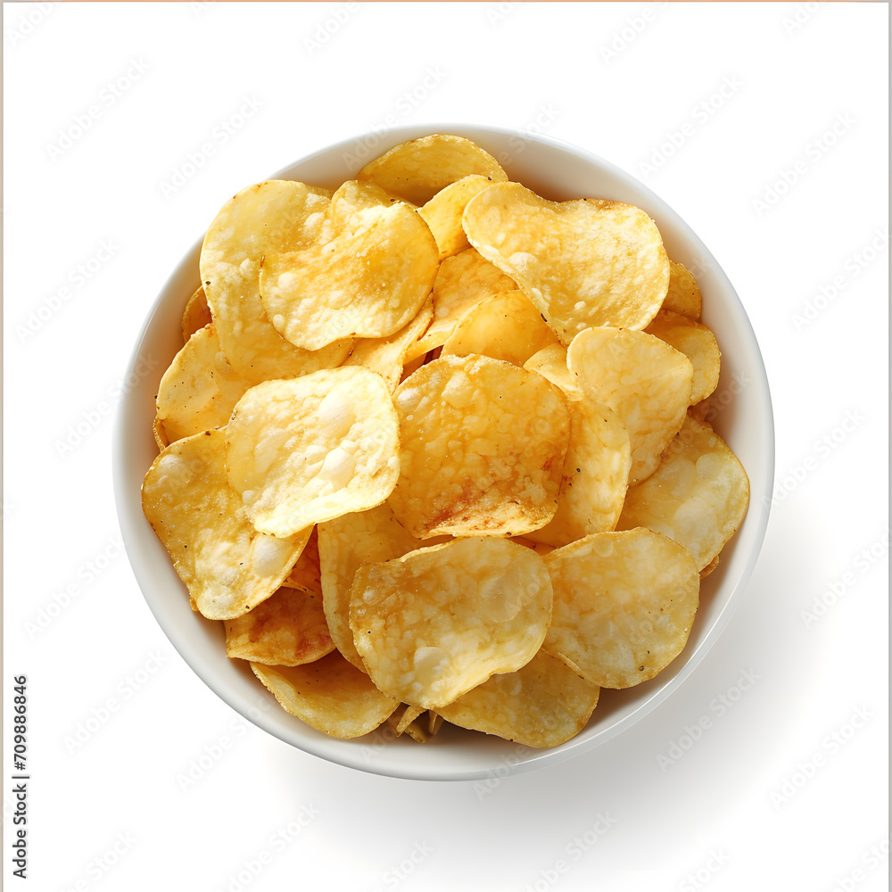 Potato chips on white bowl, top view, isolated on white background Potato chips on white bowl, top view, isolated on white background