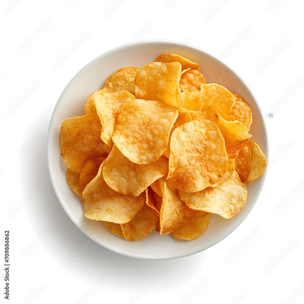 Potato chips on white bowl, top view, isolated on white background Potato chips on white bowl, top view, isolated on white background