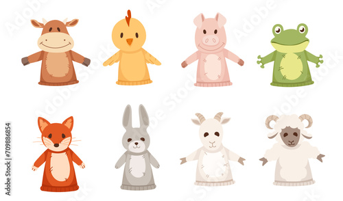 Set of animal doll puppet for children theater cute soft hand toy vector illustration isolated on white background
