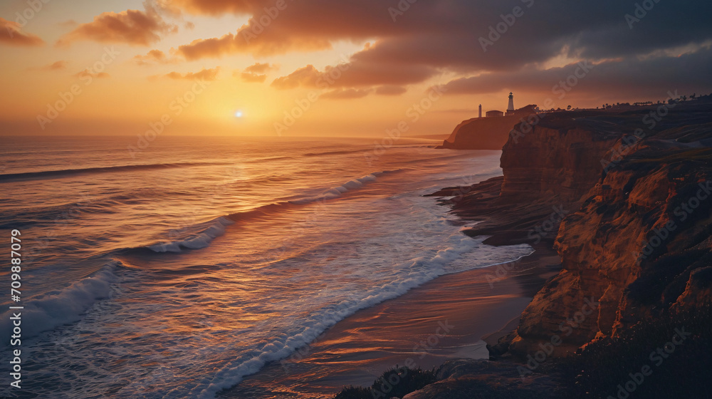 Sunset landscape of a coastal cliff with waves crashing and a lighthouse in the distance.