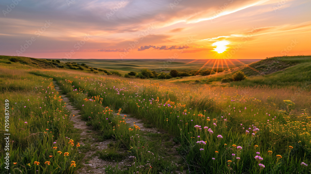 Sunset casting long shadows over a prairie with wildflowers and a winding path.