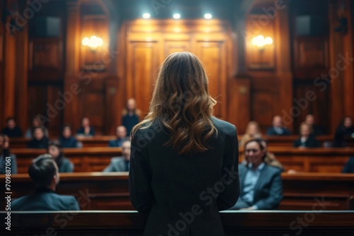 Court of Justice and Law Trial: A female prosecutor successfully presents her case and gives an enthusiastic speech to the judge and jury. photo