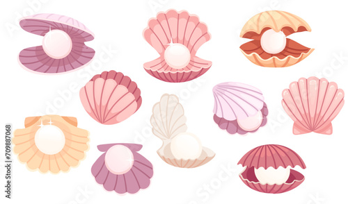 Set of opened and closed pink clam with pearl inside seashell vector illustration isolated on white background