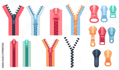 Set of fastener puller and zippers clothing textile accessories vector illustration isolated on white background photo