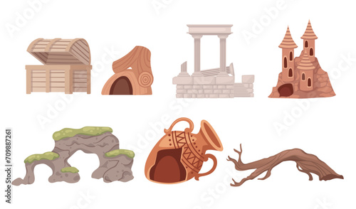 Set of aquarium underwater decoration accessory vector illustration isolated on white background