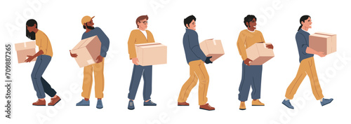 People moving out with boxes. Man and woman holding moving and loading carton boxes with belongings, moving and packing service. Vector cartoon illustration. Characters carrying huge packages