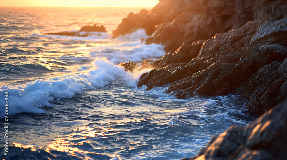 Sunset over a rocky coastline with waves gently crashing against the shore.