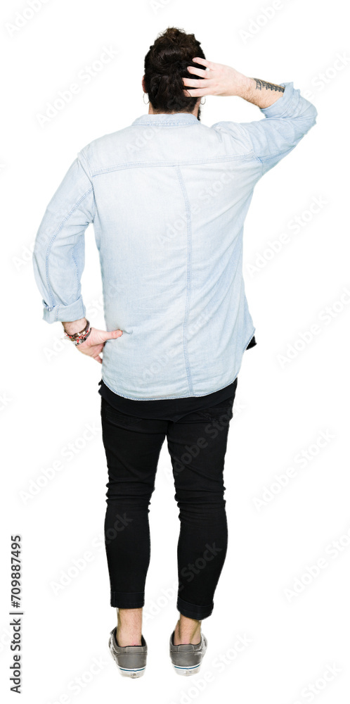 Young hipster man with long hair and beard wearing glasses Backwards thinking about doubt with hand on head Young hipster man with long hair and beard wearing glasses Backwards thinking about doubt with hand on head