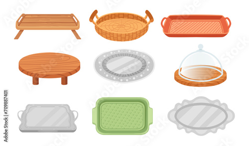 Set of empty meal tray made from steel,plastic or wood with handles or without vector illustration isolated on white background