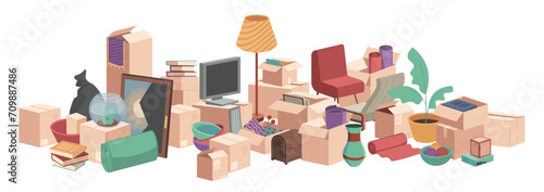 Stuff for relocation. Cartoon moving and relocating service concept, pile of cardboard boxes and belongings. Vector flat illustration. Furniture and household things in packages, new property