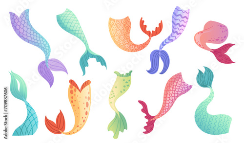 Set of mermaid tail for costume or cosplay with different colors vector illustration isolated on white background photo