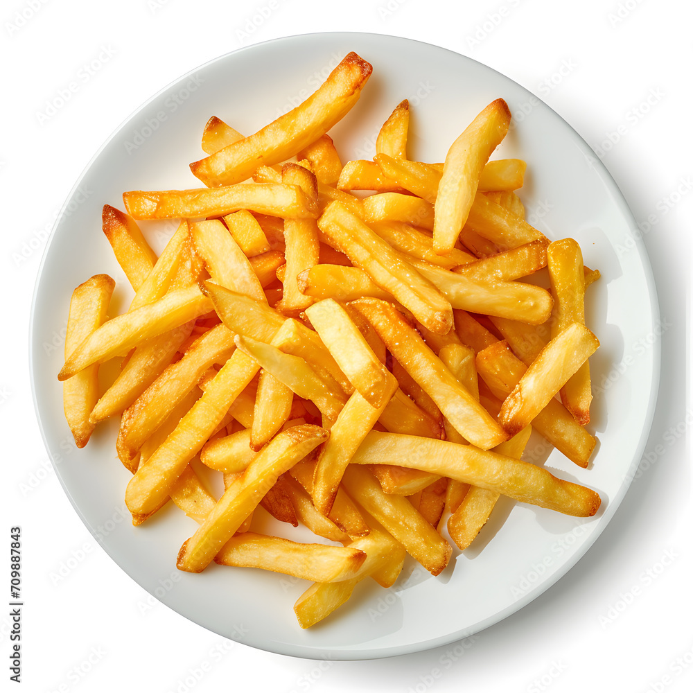 French fries on white plate, top view, isolated on white background French fries on white plate, top view, isolated on white background