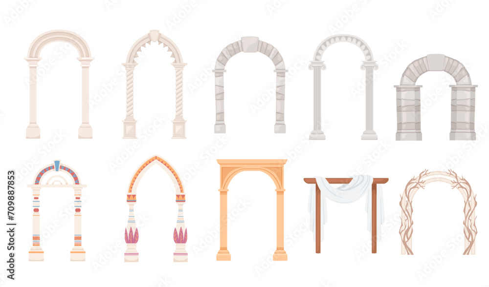 Set of architecture arch with columns ancient pillars ornament vector illustration isolated on white background - obrazy, fototapety, plakaty 