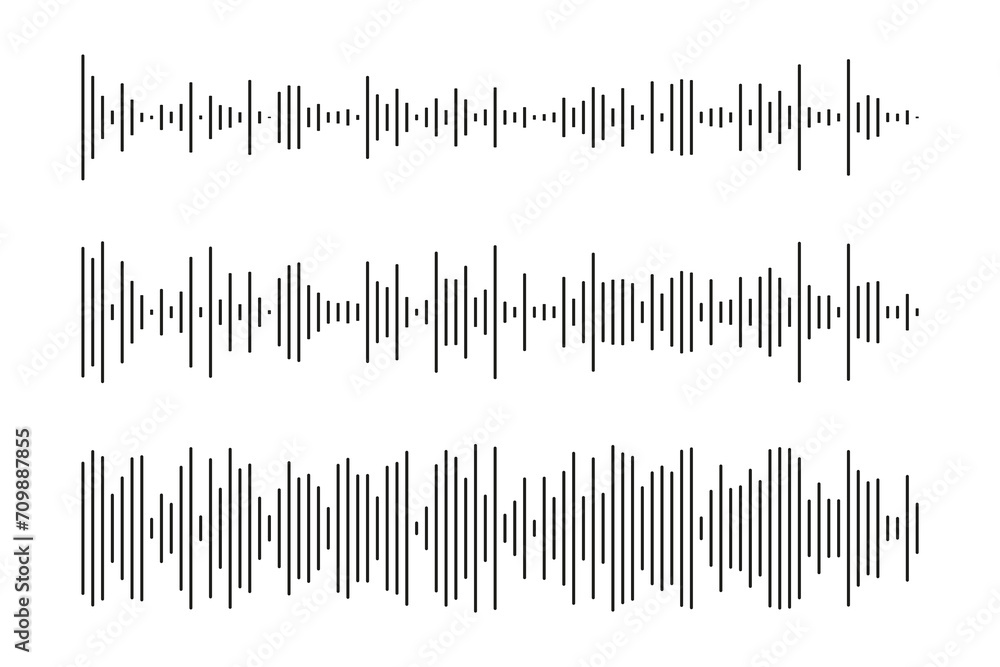 © Hanna - Equalizer symbols. Set of voice message template. Audio chat speech sound wave icon. Elements for mobile messenger, podcast online radio interface, music player or app. Waveform patterns. Vector.