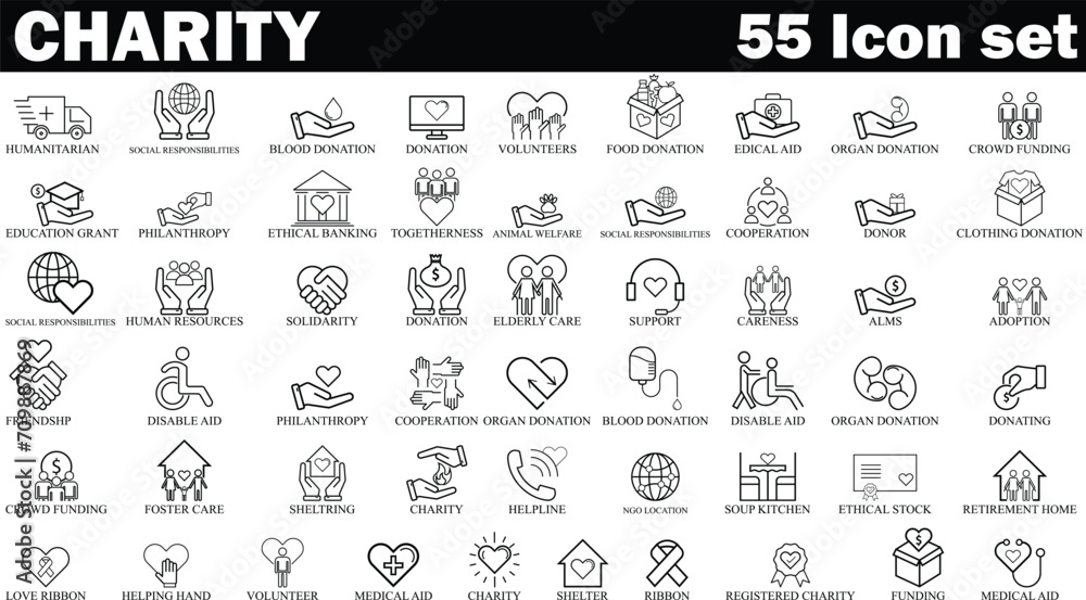 charity and donation Black & White icon set. Set of 55 Volunteering and charity web icons in line style. High quality business icon set of Charity charity and donation Black & White icon set. Set of 55 Volunteering and charity web icons in line style. High quality business icon set of Charity