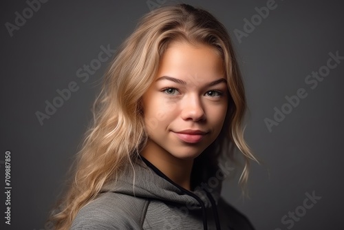 portrait of a beautiful young woman in sports gear posing against a gray background