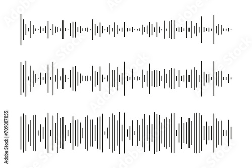 Equalizer symbols. Set of voice message template. Audio chat speech sound wave icon. Elements for mobile messenger, podcast online radio interface, music player or app. Waveform patterns. Vector.