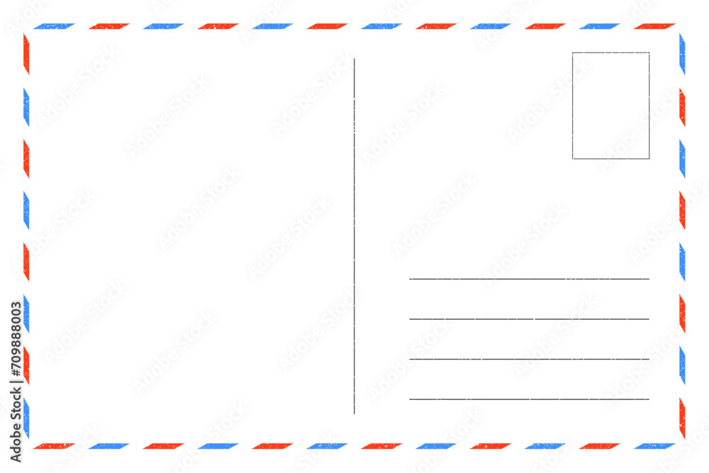 blank postcard template with place for stamp. white paper texture. airmail postcard with red and blue border