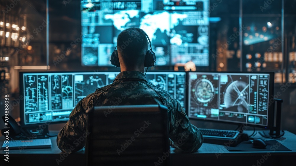 Military watchdogs are working on a city monitoring operation at the Central Office for Cyber Control. - obrazy, fototapety, plakaty 