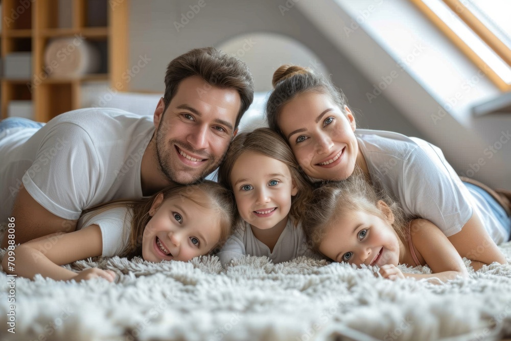 Mother, father, and children girls in the room with a symbol of the roof. A concept for housing young families. Mother, father, and children girls in the room with a symbol of the roof. A concept for housing young families.