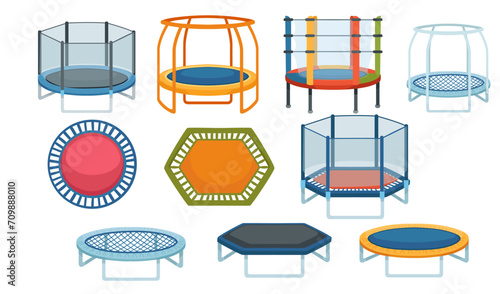 Set of trampoline bounce platform for children with safety net cage vector illustration isolated on white background photo