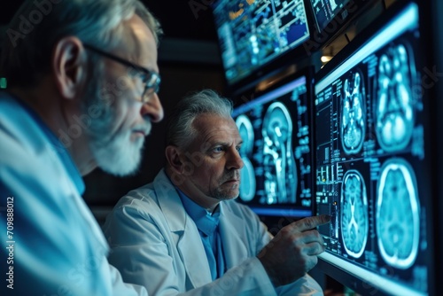 Medical Hospital: Neurologist and Neurosurgeon Talk, Use Computer, Analyse Patient MRI Scan, photo