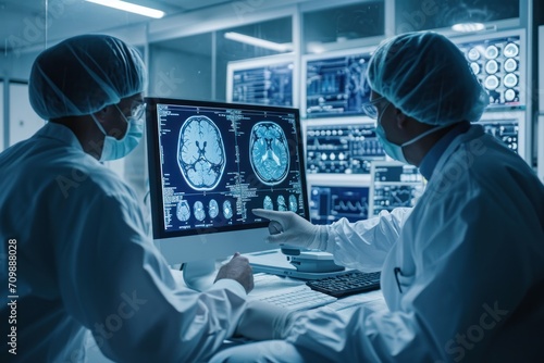 Medical Hospital: Neurologist and Neurosurgeon Talk, Use Computer, Analyse Patient MRI Scan, photo