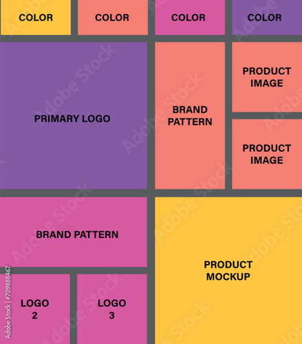 Brand Board Template, vector mock-up for product presentation. A geometric, flat vector layout with labeled blocks for brand identity elements. primary logo, brand patterns, and product mockups