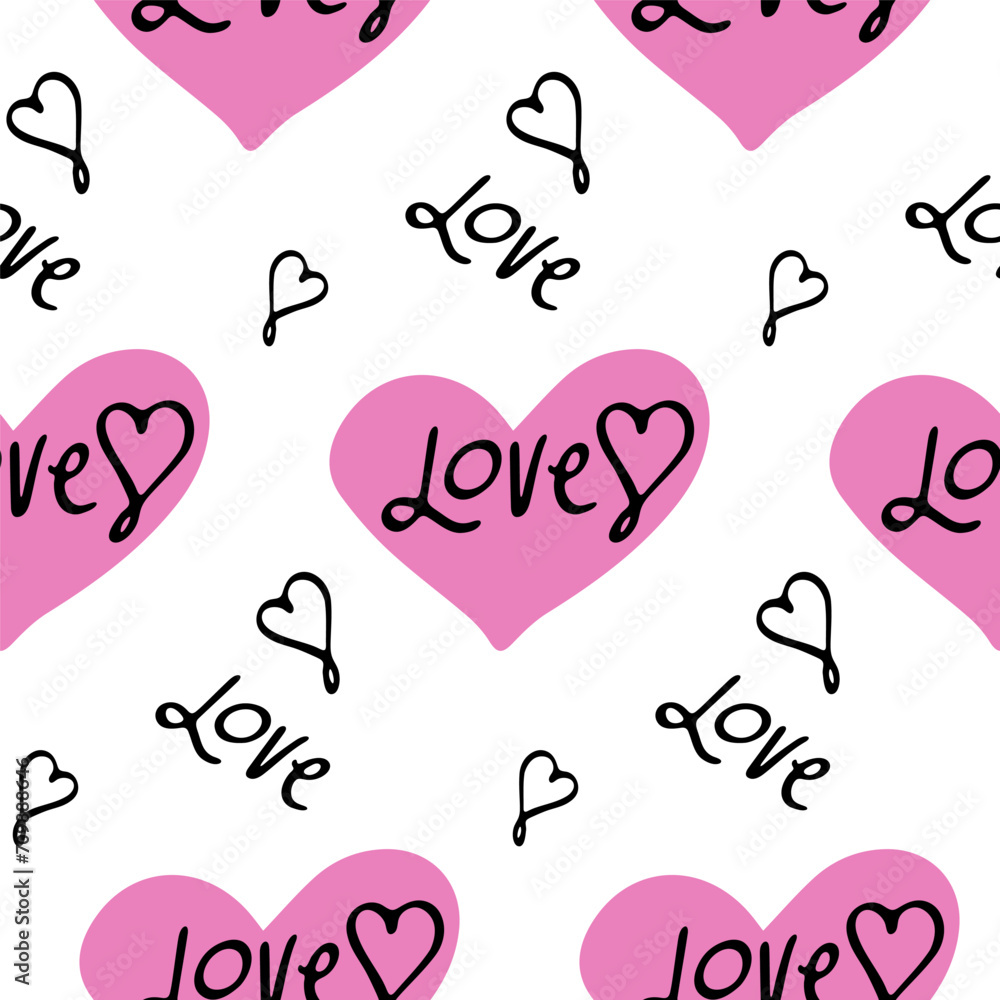 Stylish graphic seamless pattern with pink hearts and word love. Background