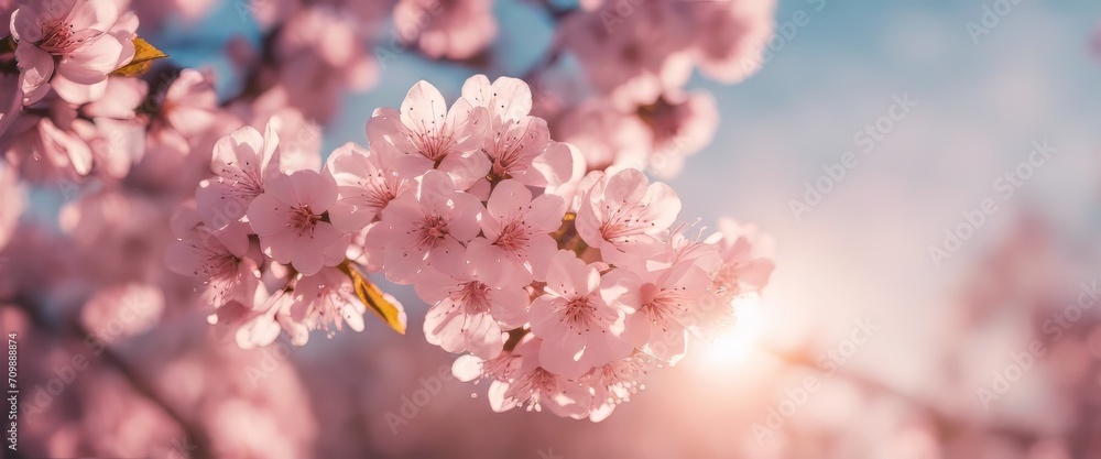 Spring border or background art with pink blossom. Beautiful nature scene with blooming tree and sunny