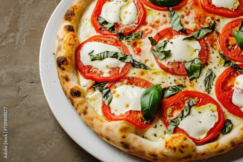 Closeup top-down photograph of a freshly baked Margherita Pizza, elegantly displayed on a white plate in a cozy, warm kitchen. 