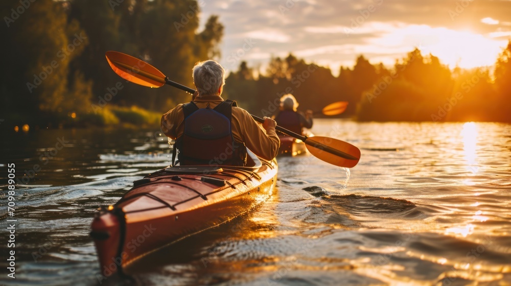 Senior couple kayaking on the lake together at sunset - obrazy, fototapety, plakaty 