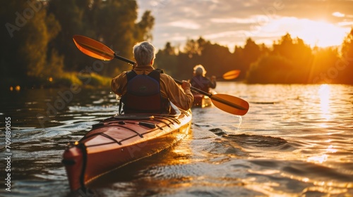 Senior couple kayaking on the lake together at sunset photo