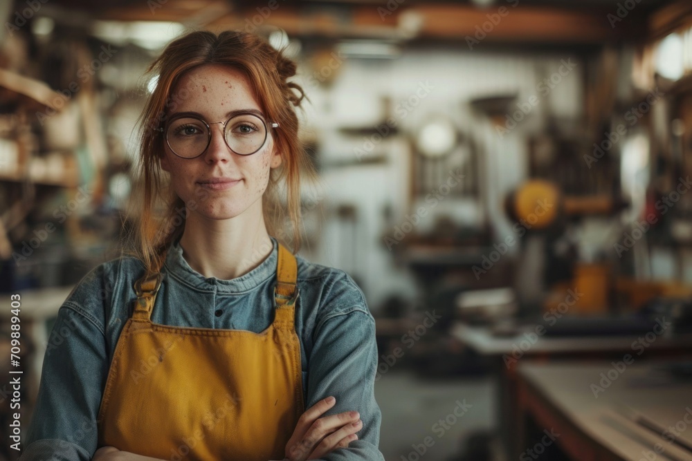 Fototapeta premium photograph of Woman is working at workshop. Concept of small business. wide angle lens realistic lighting --ar 3:2 --stylize 250 --v 6 Job ID: 94eafa3c-519b-491c-8f77-deec72796945