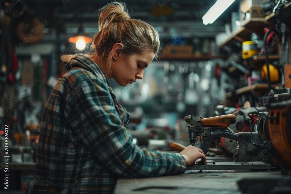 photograph of Woman is working at workshop. Concept of small business. wide angle lens realistic lighting --ar 3:2 --stylize 250 --v 6 Job ID: 94eafa3c-519b-491c-8f77-deec72796945